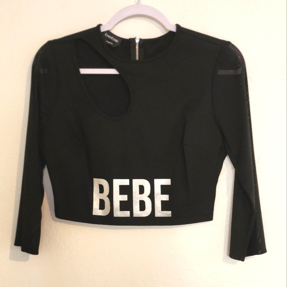 Bebe Black Crop Top with Silver Logo - Picture 1 of 8